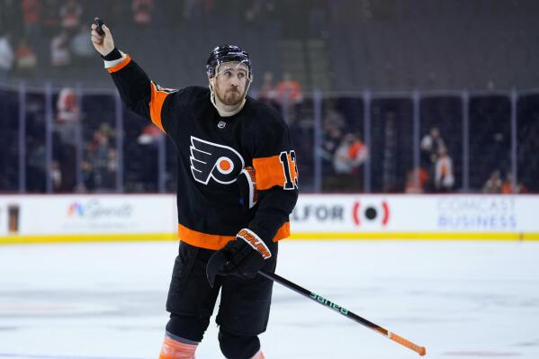 Philadelphia Flyers' Kevin Hayes reacts after an NHL hockey game against the Anaheim Ducks, Tuesday, Jan. 17, 2023, in Philadelphia. (AP Photo/Matt Slocum)