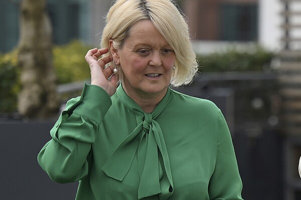 FILE - NatWest Chief Executive Officer Alison Rose at NatWest's headquarters in London, on March 21, 2023 where she hosted the inaugural meeting of her new Business Taskforce for Early Childhood. The chief executive of one of NatWest, one of Britain's biggest banks, left her job on Wednesday, July 26, 2023 after discussing personal details of a client, the populist politician Nigel Farage, with a journalist. (Daniel Leal/Pool Photo via AP, File)