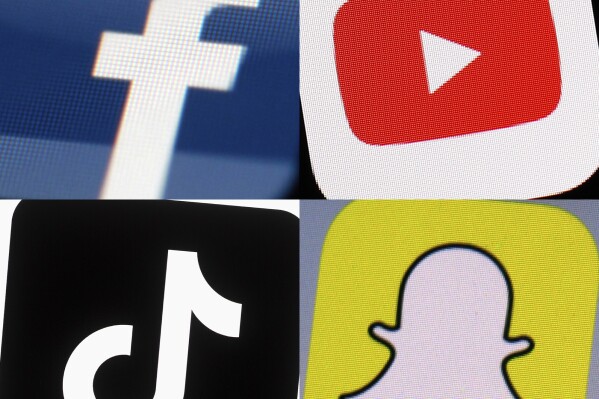 FILE - This combination of 2017-2022 photos shows the logos of Facebook, YouTube, TikTok and Snapchat on mobile devices. A trade group representing TikTok, Snapchat, Meta and other major tech companies sued Ohio on Friday, Jan. 5, 2024 over a pending law that requires children to get parental consent to use social media apps. (AP Photo/File)