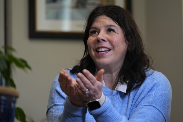 Kerry Norton, RN, the executive director at the Hope on Haven Hill, gestures during an interview at the women's care facility she co-founded, Friday, Jan. 12, 2024, in Rochester, N.H. Drug overdose deaths in New Hampshire have increased in recent years, and some residents want to hear more from the presidential candidates about how they'd help. (AP Photo/Charles Krupa)