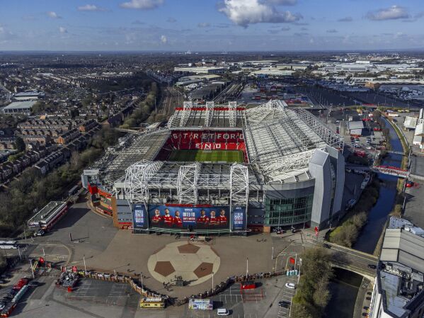 Aerial photo of the Old Trafford stadium, home of Manchester United, in Manchester, England, March 27, 2023. (Peter Byrne/PA via AP, File)