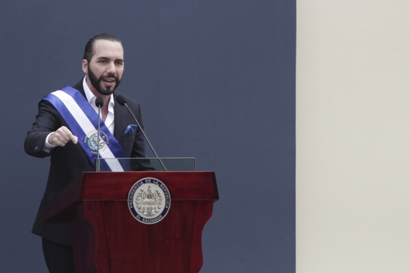 FILE - El Salvador's President Nayib Bukele delivers his inaugural address after being sworn-in at Plaza Barrios in San Salvador, El Salvador, June 1, 2019. El Salvador said on May 31, 2024, that authorities have broken up a plot to plant bombs around the country to coincide with Bukele’s second inauguration, planned for June 1, 2024. (AP Photo/Salvador Melendez File)