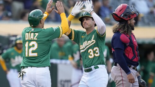 Oakland Athletics' JJ Bleday (33) celebrates with Aledmys Díaz, left, after hitting a two-run home run against the Boston Red Sox during the second inning of a baseball game Tuesday, July 18, 2023, in Oakland, Calif. (AP Photo/Godofredo A. Vásquez)