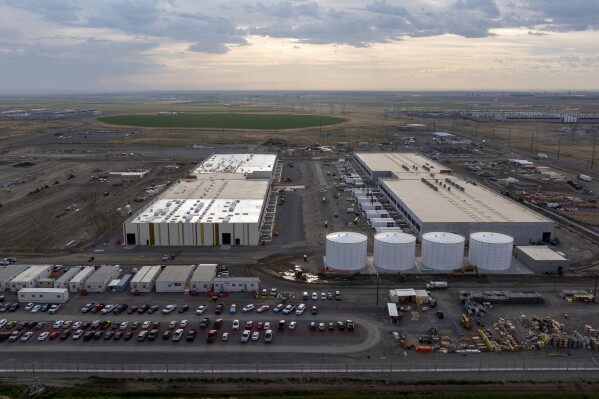 Construction is seen at an Amazon Web Services data center on Aug. 22, 2024, in Boardman, Ore. (AP Photo/Jenny Kane)