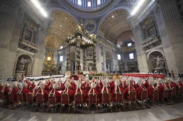 Cardinals attend a mass on the fifth of nine days of mourning for late Pope Francis, in St. Peter's Basilica at the Vatican, Wednesday, April 30, 2025. (AP Photo/Alessandra Tarantino)