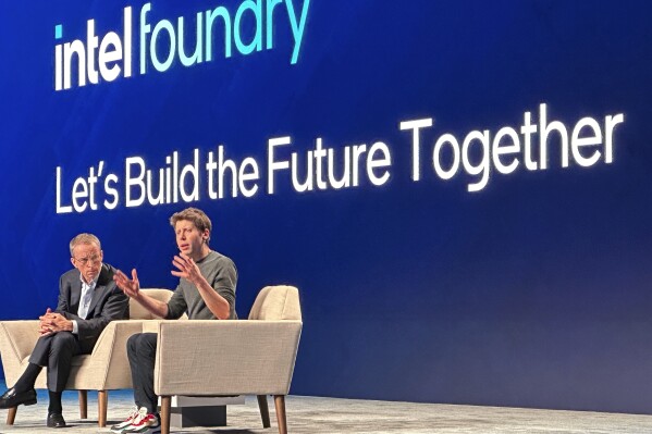 OpenAI Sam Altman, right, discusses the need for more chips designed for artificial intelligence with Intel CEO Pat Gelsinger on Wednesday, Feb. 21, 2024, during a conference in San Jose, Calif. (AP Photo/Michael Liedtke)