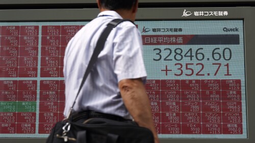 A person looks at an electronic stock board showing Japan's Nikkei 225 index at a securities firm Wednesday, July 19, 2023, in Tokyo. Asian shares are mixed after Wall Street’s frenzy around artificial intelligence helped pushed U.S. stocks to their best level in more than 15 months. (AP Photo/Eugene Hoshiko)