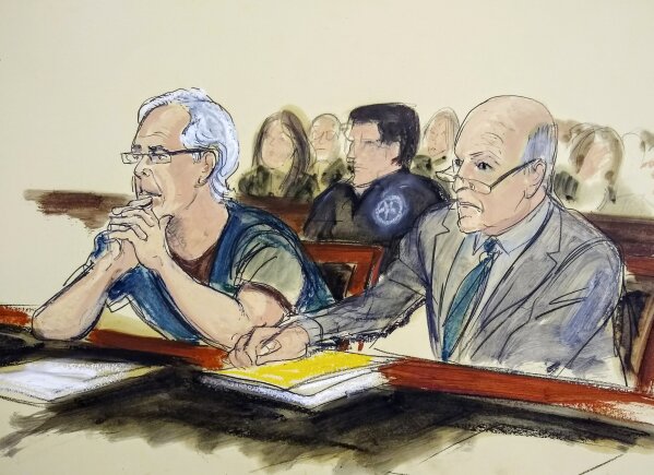 FILE - In this July 15, 2019 courtroom artist's sketch, defendant Jeffrey Epstein, left, and his attorney Martin Weinberg listen during a bail hearing in federal court, in New York. Officials say the FBI and U.S. Inspector General's office will investigate how Epstein died in an apparent suicide, while the probe into sexual abuse allegations against the well-connected financier remains ongoing. A person familiar with the matter says Epstein, accused of orchestrating a sex-trafficking ring and sexually abusing dozens of underage girls, had been taken off suicide watch before he killed himself Saturday, Aug. 10, 2019, in a New York jail.  (Elizabeth Williams via AP, File)