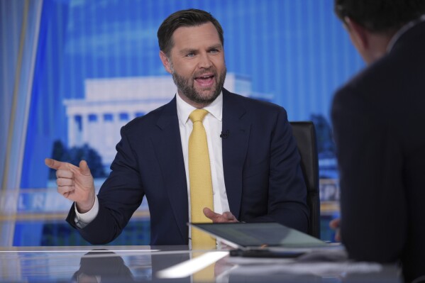 Vice President JD Vance speaks with Bret Baier, right, on FOX News Channel’s Special Report with Bret Baier at the FOX News bureau in Washington, Monday, June 23, 2025.(AP Photo/J. Scott Applewhite)