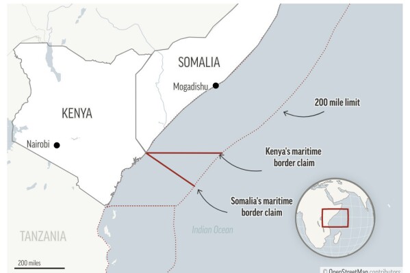 Map shows the Kenya-Somalia coastline and disputed area.