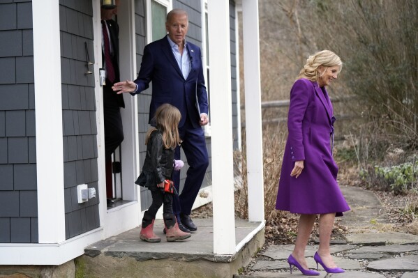 President Joe Biden and first lady Jill Biden depart as Stella, the daughter Jack Cunicelli and Monica Gagliardi, walks with them Friday, March 8, 2024, in Rose Valley, Pa. (AP Photo/Manuel Balce Ceneta)