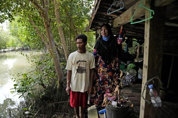 Asiyah y su esposo Aslori posan para una fotografía afuera de su antigua casa que abandonaron debido a las inundaciones en Modoliko, Java Central, Indonesia, el lunes 5 de septiembre de 2022. Finalmente se mudaron a tierras más secas, convirtiéndose en migrantes climáticos como lo habían hecho muchos de sus vecinos. Antes que ellos. (Foto AP/Dita Alangkara)
