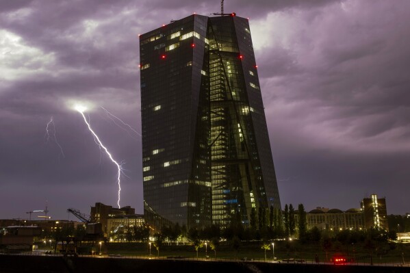 The European Central Bank is pictured during a thunder storm in Frankfurt, Germany, Tuesday, Sept. 12, 2023. The ECB's governing council will meet on Thursday. (AP Photo/Michael Probst)