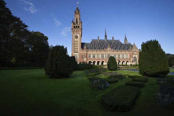 View of the Peace Palace which houses World Court where Ukraine's legal battle against Russia over allegations of genocide used by Moscow to justify its 2022 invasion, resumed in The Hague, Netherlands, Monday, Sept. 18, 2023. Russia seeks to have a groundbreaking case tossed out at the International Court of Justice, also known as the Word Court, in a case which will see Ukraine supported by a record 32 other nations in a major show of support for the embattled nation. (AP Photo/Peter Dejong)