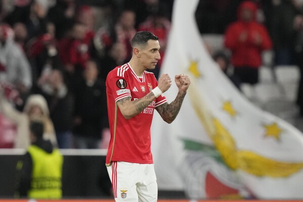 Benfica's Angel Di Maria celebrates scoring his side's first goal from the penalty spot during the Europa League round of 16, first leg, soccer match between SL Benfica and Rangers FC at the Luz stadium in Lisbon, Thursday, March 7, 2024. (AP Photo/Armando Franca)