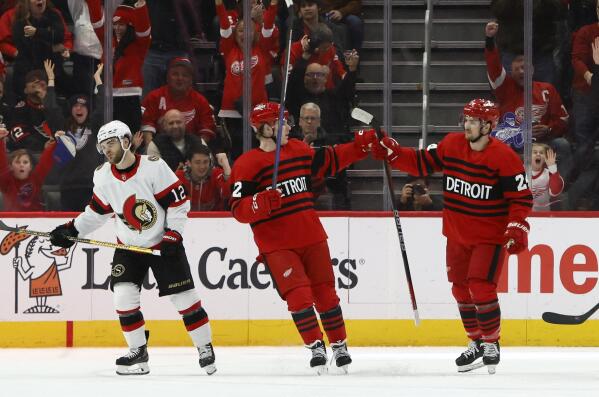 Detroit Red Wings' Michael Rasmussen, right, celebrates his goal