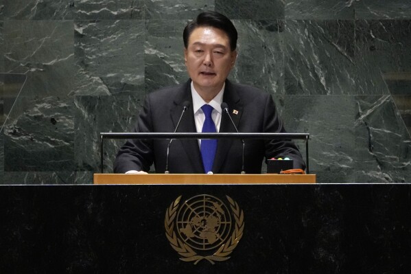 FILE - South Korea's President Yoon Suk Yeol addresses the 78th session of the United Nations General Assembly, on Sept. 20, 2023. North Korea on Monday, Sept. 25 called Yoon “a guy with a trash-like brain” and “a diplomatic idiot” as it slammed him for using a U.N. speech to issue a warning over the North’s deepening military ties with Russia. (AP Photo/Richard Drew, File)