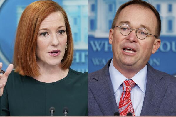 White House press secretary Jen Psaki speaks during a press briefing at the White House in Washington on March 9, 2022, left, and then White House chief of staff Mick Mulvaney addresses the media at the White House on Oct. 17, 2019. The hiring of non-journalists as contributors to television news organizations isn't new. Far less common is seeing pushback from the journalists working there, as has happened recently at CBS and NBC News. CBS is hiring  Mulvaney, a former Trump administration official and MSNBC is in discussions to hire Psaki when her time in the Biden administration is through. (AP Photo)