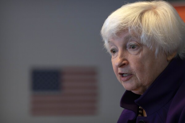 Treasury Secretary Janet Yellen speaks during a press conference at the U.S. Embassy in Beijing, China, Sunday, July 9, 2023. (AP Photo/Mark Schiefelbein)