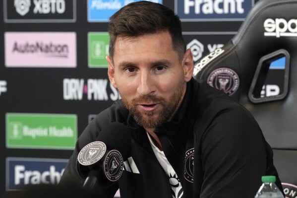 Inter Miami's Lionel Messi answers a question during a soccer news conference, Thursday, Aug. 17, 2023, in Fort Lauderdale, Fla. (AP Photo/Marta Lavandier)