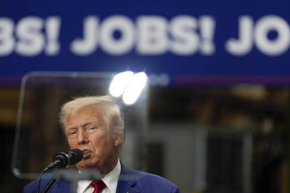 Republican presidential nominee former President Donald Trump speaks at a campaign event at Precision Components Group, Monday, Aug. 19, 2024, in York, Pa. (AP Photo/Julia Nikhinson)
