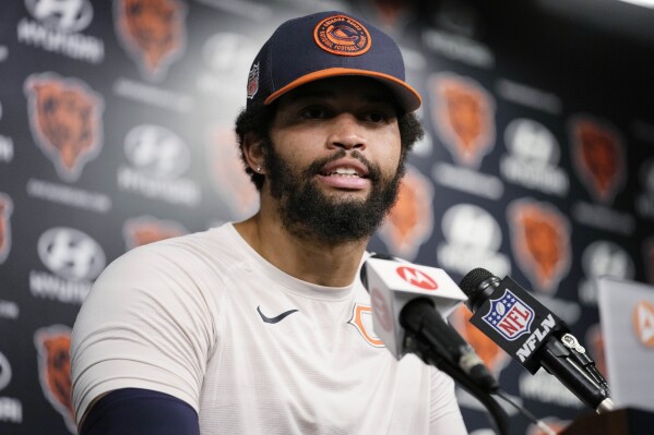 Chicago Bears quarterback Caleb Williams speaks during a news conference at the NFL football team's minicamp in Lake Forest, Ill., Thursday, June 6, 2024. (AP Photo/Nam Y. Huh)