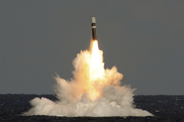 This video grab released on Wednesday Feb. 21, 2024 by the Ministry of Defence shows a missile firing from HMS Vigilant, which fired an unarmed Trident II (D5) ballistic missile. British lawmakers are seeking reassurances about the nation’s nuclear deterrent after reports that a test of the system failed dramatically last month when an unarmed missile crashed into the sea near the submarine from which it was launched. (MOD via AP)