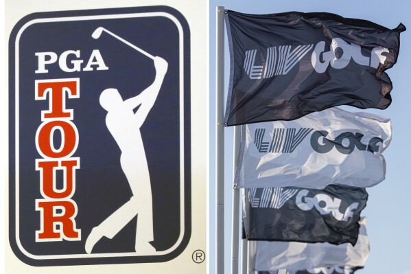 FILE - At left, the PGA Tour logo is shown during a press conference in Tokyo, Nov. 20, 2018. At right LIV Golf flags are shown during the second round of LIV Golf Orlando at Orange County National in Winter Garden, Fla., April 1, 2023. The alliance between LIV and the PGA Tour has been met with skepticism and a raised eyebrow in most circles, including the U.S. Congress. (Steve Szurlej/LIV via AP, File)