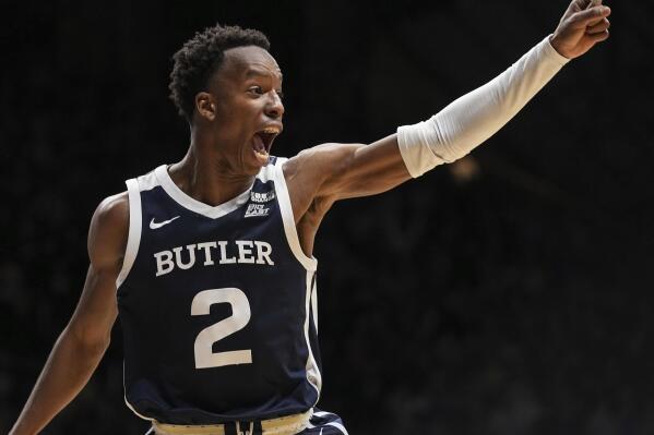 Butler guard Eric Hunter Jr. yells in excitement in the final seconds of the team's NCAA college basketball game against Xavier on Friday, Feb. 10, 2023, in Indianapolis. (Grace Hollars/The Indianapolis Star via AP)