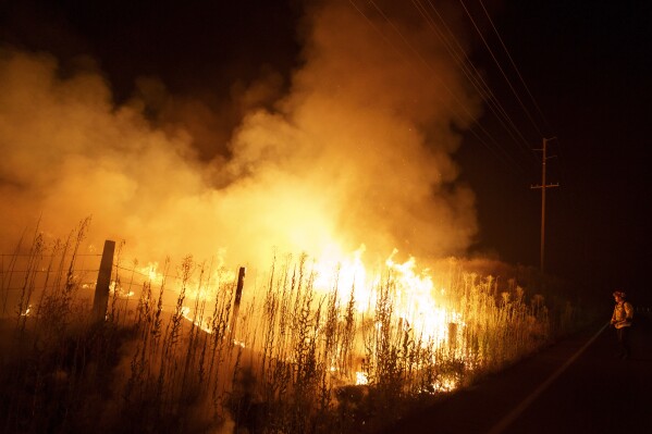 A firefighter monitors flames consuming brush along Gilman Springs Road during the Rabbit Fire late Friday, July 14, 2023, in Moreno Valley, Calif. (AP Photo/Eric Thayer)