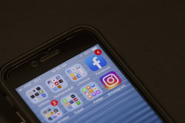 FILE - In this Oct. 29, 2019, file photo, a Facebook app is shown on a smartphone in Miami. Facebook said Wednesday, Nov. 13, that it removed 3.2 billion fake accounts from its service from April to September, up slightly from 3 billion in the previous six month. (AP Photo/Wilfredo Lee, File)