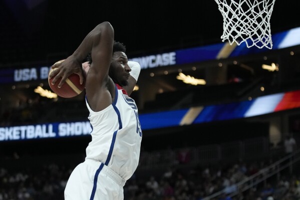 United States' Jaren Jackson Jr. dunks against Puerto Rico during the first half of an exhibition basketball game Monday, Aug. 7, 2023, in Las Vegas. (AP Photo/John Locher)