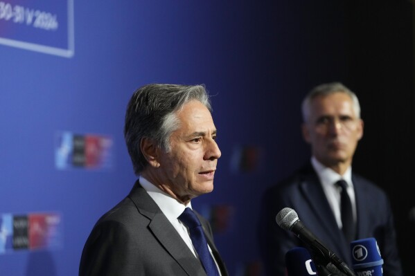 United States Secretary of State Antony Blinken, left, and NATO Secretary General Jens Stoltenberg speak with the media prior to a meeting of NATO foreign ministers at the Czernin Palace, in Prague, Friday, May 31, 2024. (AP Photo/Petr David Josek, Pool)