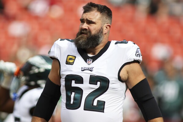 FILE - Philadelphia Eagles center Jason Kelce (62) is pictured before an NFL football game against the Washington Commanders, Sunday, Oct. 29, 2023 in Landover, Md. Jason Kelce is officially a member of ESPN’s “Monday Night Countdown” team. ESPN announced Kelce had signed a multi-year agreement on Tuesday, May 14, 2024 during a presentation to advertisers in New York. (Ǻ Photo/Daniel Kucin Jr., File)