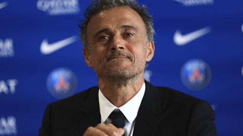 Newly named PSG coach Luis Enrique speaks during a press conference at the new Paris-Saint-Germain training ground Wednesday, July 5, 2023 in Poissy, west of Paris. Paris Saint-Germain fired coach Christophe Galtier after a disappointing season on and replaced him with former Spain and Barcelona manager Luis Enrique. (AP Photo/Aurelien Morissard)