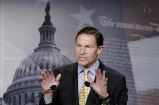 FILE - Sen. Richard Blumenthal, D-Conn., speaks during a news conference on Feb. 16, 2023, on Capitol Hill in Washington. Sen. Blumenthal is expected to be discharged from a hospital following surgery on a minor leg fracture he suffered during a victory parade for the national champion University of Connecticut men’s basketball team over the weekend. A spokesperson for the 77-year-old Connecticut Democrat says he will be released from Stamford Hospital on Monday, April 10 after having surgery on his upper femur Sunday. (AP Photo/Mariam Zuhaib, File)