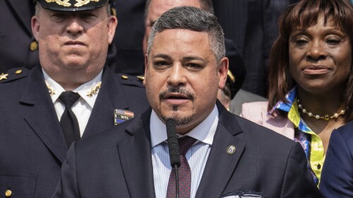 Edward A. Caban delivers a speech after being sworn in as the new New York Police Department Commissioner, Monday, July 17, 2023, in New York.  (AP Photo/Jeenah Moon)