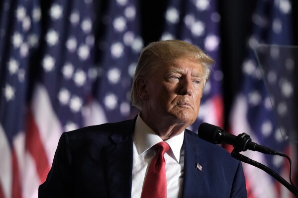 FILE - Former President Donald Trump speaks during a rally, July 7, 2023, in Council Bluffs, Iowa. Many state Republican parties made changes to their rules ahead of the 2020 election by adding more winner-take-all contests and requiring candidates to earn higher percentages of the vote to claim any delegates. Those changes all benefit a frontrunner, a position Trump has held despite his mounting legal peril, blame for his party's lackluster performance in the 2022 elections and the turbulent years of his presidency. (AP Photo/Charlie Riedel, File)