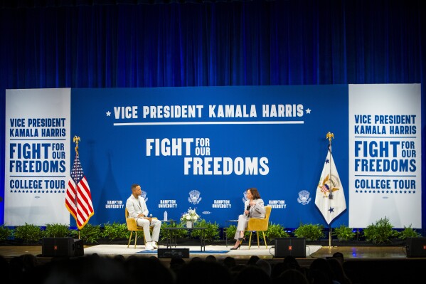 Vice President Kamala Harris speaks at Hampton University during her "Fight for Our Freedoms College Tour" on Thursday, Sept. 14, 2023 in Hampton, Va. The tour will take place at universities and community colleges in seven states. (AP Photo/John C. Clark)