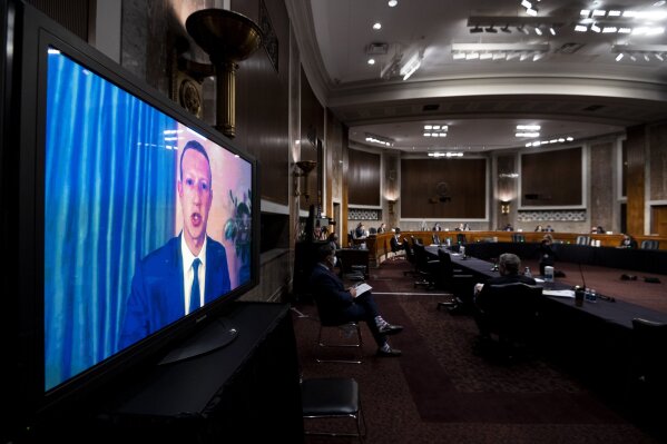 Facebook CEO Mark Zuckerberg testifies remotely during a Senate Judiciary Committee hearing on Facebook and Twitter's actions around the closely contested election on Tuesday, Nov. 17, 2020, in Washington.. (Bill Clark/Pool via AP)
