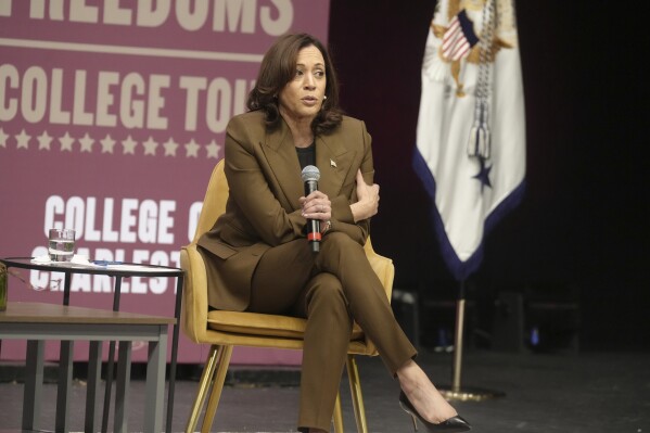 Vice President Kamala Harris speaks during a panel discussion at the College of Charleston on Wednesday, Oct. 11, 2023, in Charleston, S.C. Harris visited the state, home of Democrats' first presidential primary of 2024, as part of her tour to college campuses across the country. (AP Photo/Meg Kinnard)