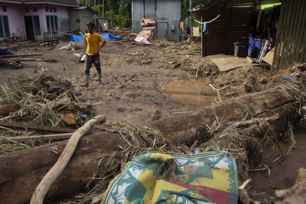 A man walks past a log swept into a neighborhood affected by a flash flood in Pesisir Selatan, West Sumatra, Indonesia, Sunday, March 10, 2024. In Indonesia, environmental groups continue to point to deforestation and environmental degradation worsening the effects of natural disasters such as floods, landslides, drought and forest fires. (AP Photo/Mavendra JR)