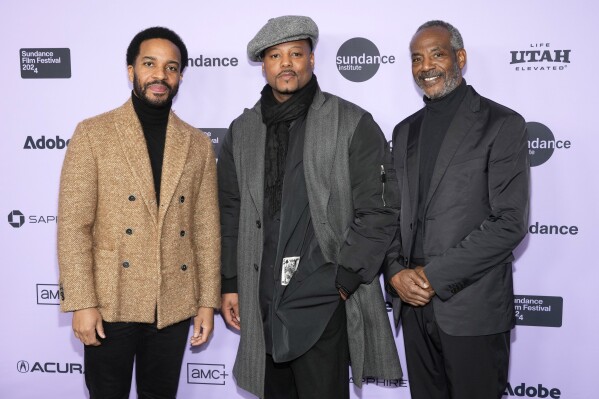 Andre Holland, from left, Titus Kaphar and John Earl Jelks attend the premiere of "Exhibiting Forgiveness" at the Eccles Theatre during the Sundance Film Festival on Saturday, Jan. 20, 2024, in Park City, Utah. (Photo by Charles Sykes/Invision/AP)