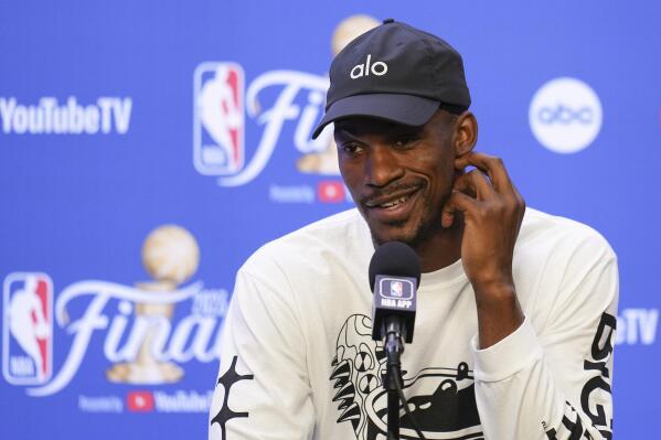 Miami Heat forward Jimmy Butler talks during a news conference, Sunday, June 11, 2023, in Denver. Miami takes on the Denver Nuggets in Game 5 of the NBA Finals on Monday. (AP Photo/Jack Dempsey)