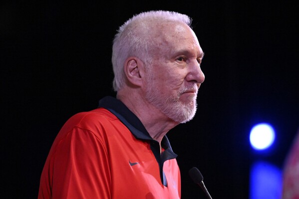 Basketball Hall of Fame Class of 2023 inductee Gregg Popovich speaks at a news conference at Mohegan Sun, Friday, Aug. 11, 2023, in Uncasville, Conn. (AP Photo/Jessica Hill)