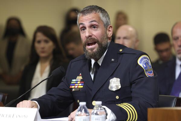 Washington Metropolitan Police Department officer Michael Fanone testifies during the House select committee hearing on the Jan. 6 attack on Capitol Hill in Washington, Tuesday, July 27, 2021. (Jim Lo Scalzo/Pool via AP)