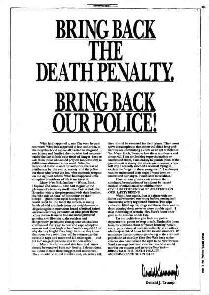 This image shows the May 1, 1989, full-page newspaper ad that Donald Trump famously took out in the New York Daily News calling for the execution of five Black and Latino youths, also known as the Central Park five, wrongly convicted in a vicious attack on a white female jogger. The case roiled racial tensions locally and many point to it as evidence of a criminal justice system prejudiced against defendants of color. (New York Daily News via AP)