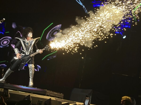 Tommy Thayer of KISS performs at the Hard Rock casino in Atlantic City N.J. on Aug. 21, 2021 as part of their End Of The Road tour. The band will play what it says will be its final live shows on Dec. 1 and 2 in New York’s Madison Square Garden. (AP Photo/Wayne Parry)