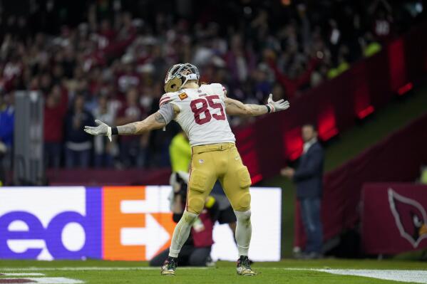 San Francisco 49ers tight end George Kittle celebrates after scoring a touchdown during the second half of an NFL football game against the Arizona Cardinals, Monday, Nov. 21, 2022, in Mexico City. (AP Photo/Marcio Jose Sanchez)