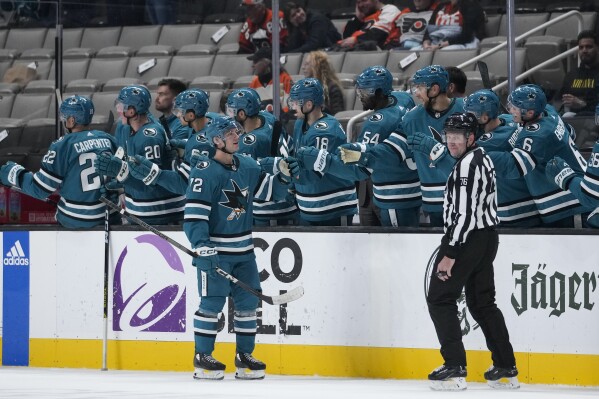 San Jose Sharks center William Eklund (72) celebrates with teammates after scoring against the Philadelphia Flyers during the second period of an NHL hockey game Tuesday, Nov. 7, 2023, in San Jose, Calif. (AP Photo/Godofredo A. Vásquez)